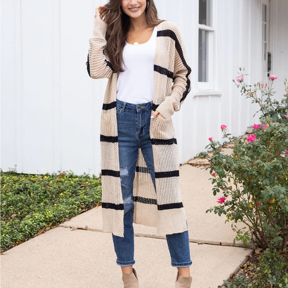 Striped Beige and Black Women's Sweater Cardigan